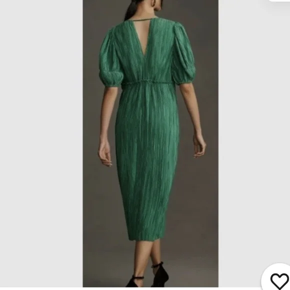 Anthropology Green Pleated V Neck Midi Dress Size Large - Picture 5 of 7
